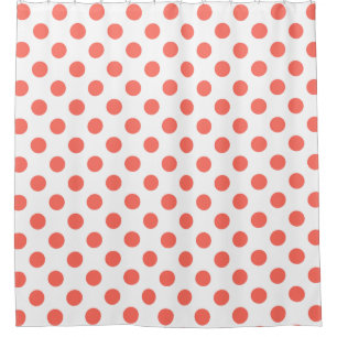Living coral polka dots on white shower curtain