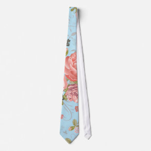 Living Coral Rose Bouquet with Floral swirls Neck Tie