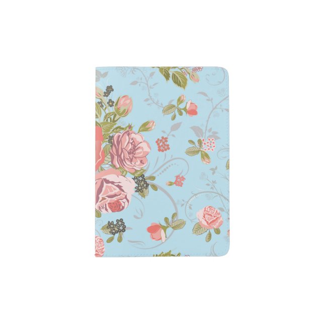 Living Coral Rose Bouquet with Floral swirls Passport Holder (Front)