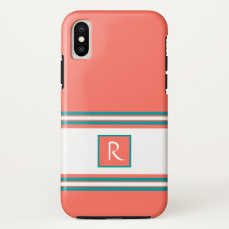 Living Coral Teal and White Monogram Elegant iPhone X Case