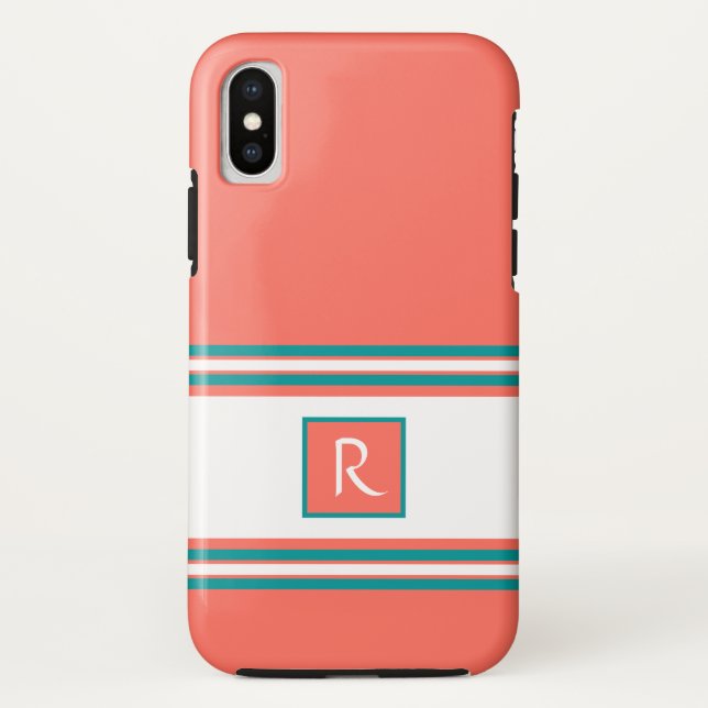 Living Coral Teal and White Monogram Elegant Case-Mate iPhone Case (Back)