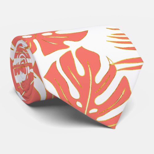 Living coral tropical monstera and palm leaves neck tie