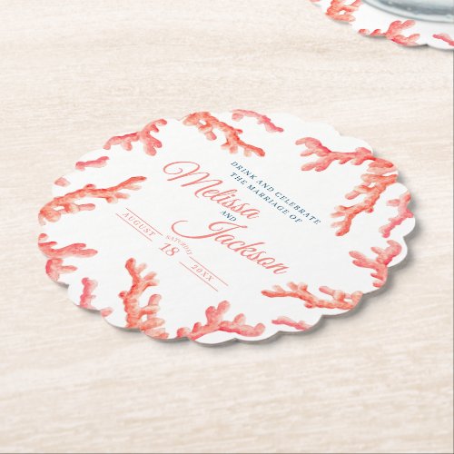 Living coral watercolor art wedding custom  paper coaster