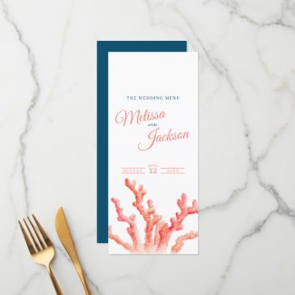 Living coral watercolor wedding blue orange menu