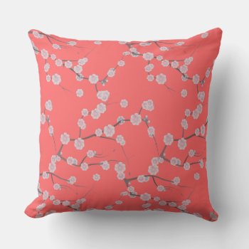 Living Coral White Cherries Blossom Floral Throw P Throw Pillow by kicksdesign at Zazzle