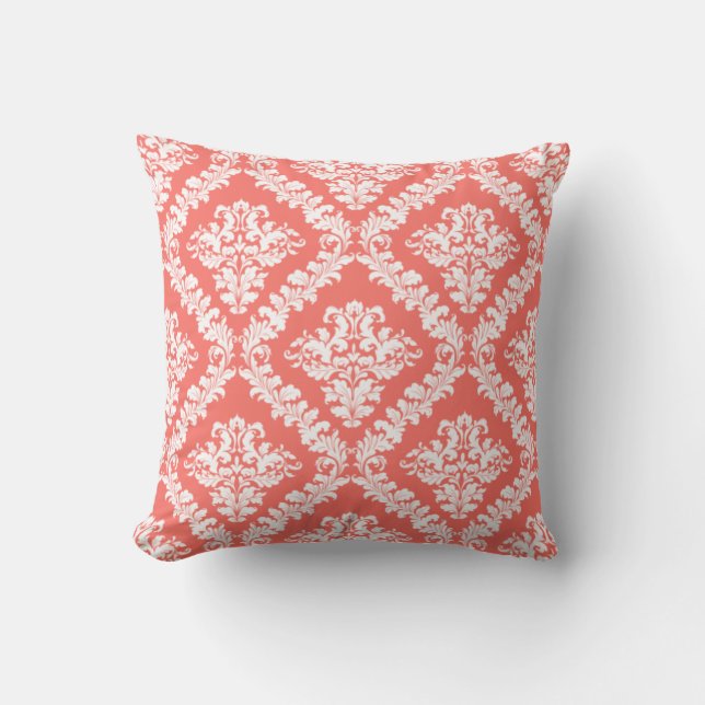 Living coral, white damask pattern throw pillow (Front)