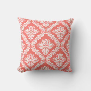 Living coral, white damask pattern throw throw pillow