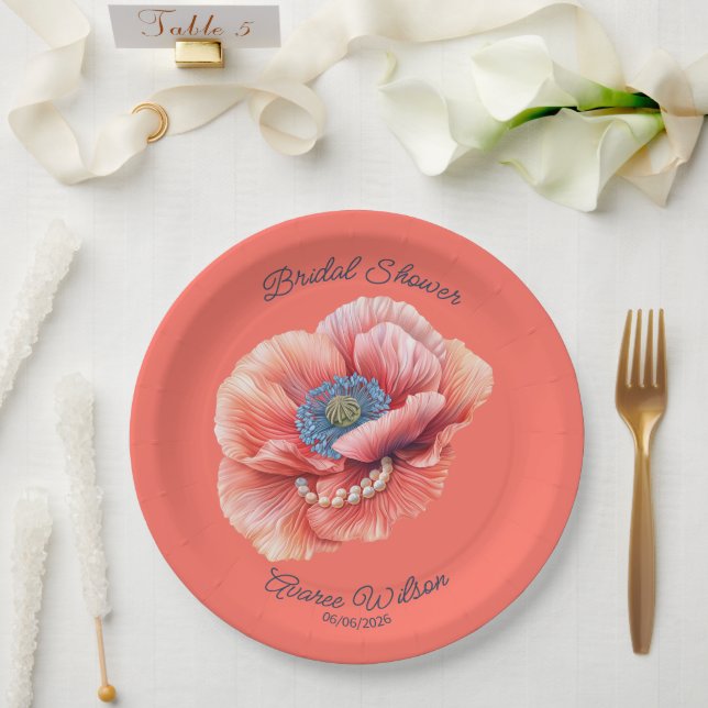 Living Coral with Giant Coral Poppy Bridal Shower Paper Plates (Wedding)