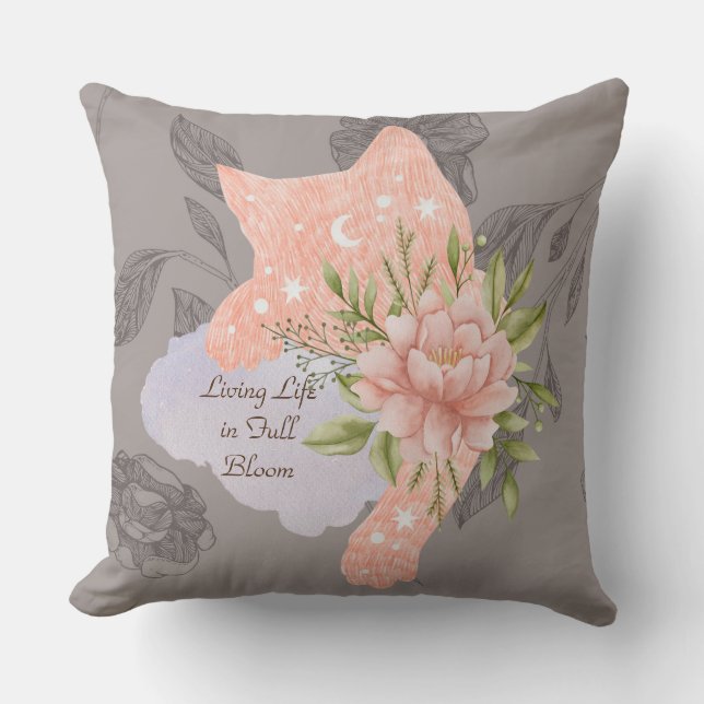 Living Life in Full Bloom Taupe Cat Leaf Pillow (Front)