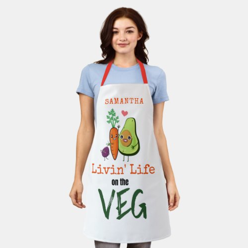 Living Life on the Veg Name Vegan Humor White Apron