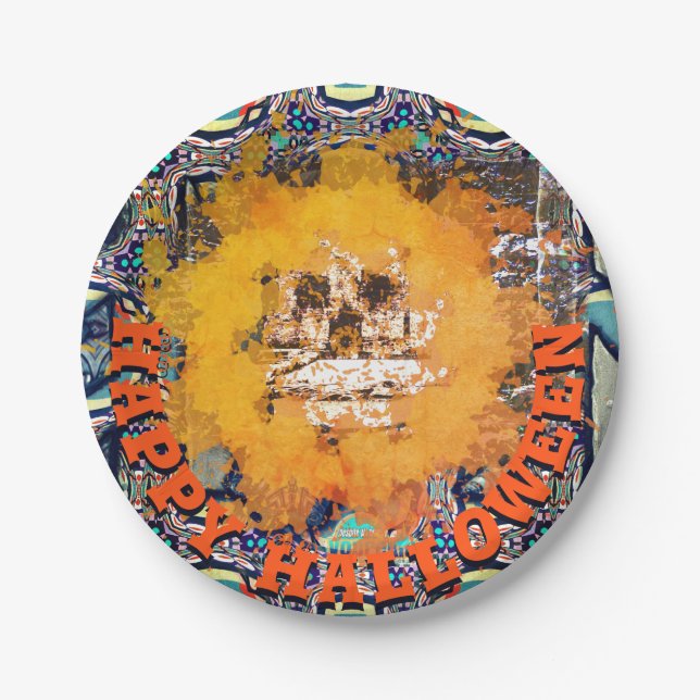 Living Metal Happy Halloween Scull Flame Paper Plates (Front)