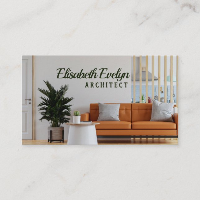 Living room interior wall mockup in warm tones business card (Front)