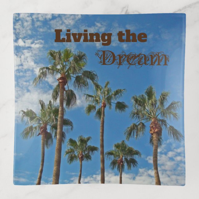 Living the Dream Blue Sky Paradise Palm Trees Trinket Tray (Front)