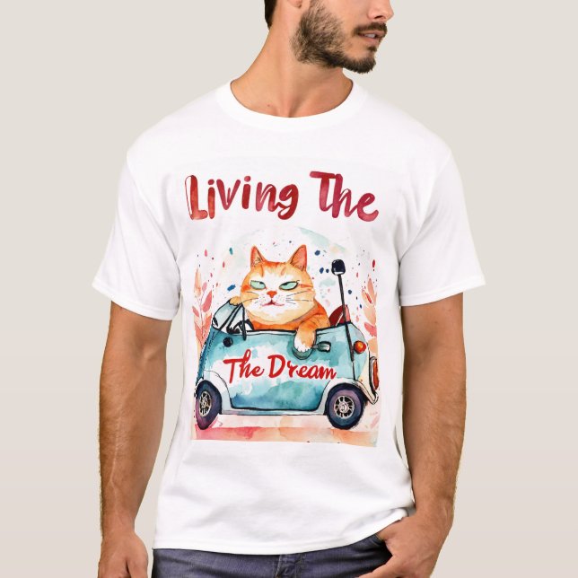 Living the Dream: Chubby Cat in a Tiny Car - Whims T-Shirt (Front)