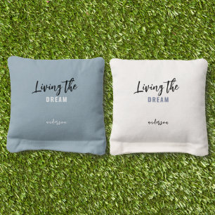 Living the Dream Custom Name Blue & White Cornhole Bags
