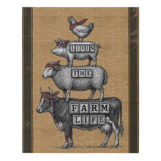 living the farm life cow, pig, sheep, chicken faux canvas print