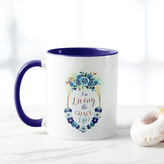 Living the Grace Life Elegant Blue Floral Quote  Mug (Creator Uploaded)