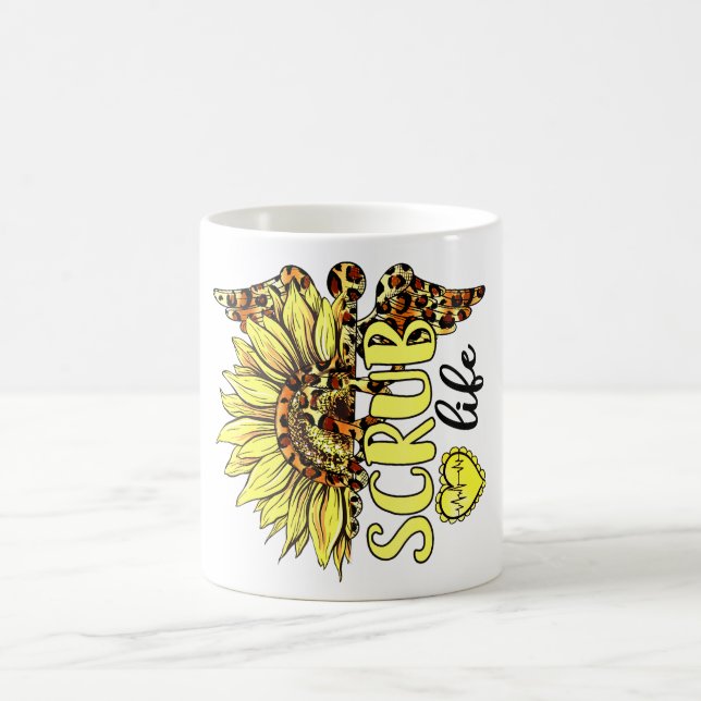 Living The Scrub Life Nurse Sunflower Leopard Nurs Coffee Mug (Center)