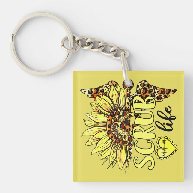 Living The Scrub Life Nurse Sunflower Leopard Nurs Keychain (Front)