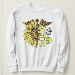 Living The Scrub Life Nurse Sunflower Leopard Nurs Sweatshirt