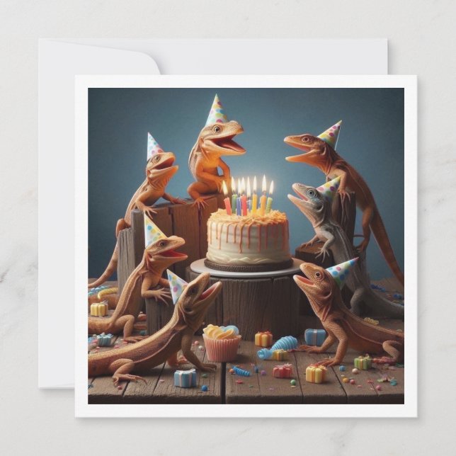 Lizard card, party animals, reptile birthday  invitation (Front)