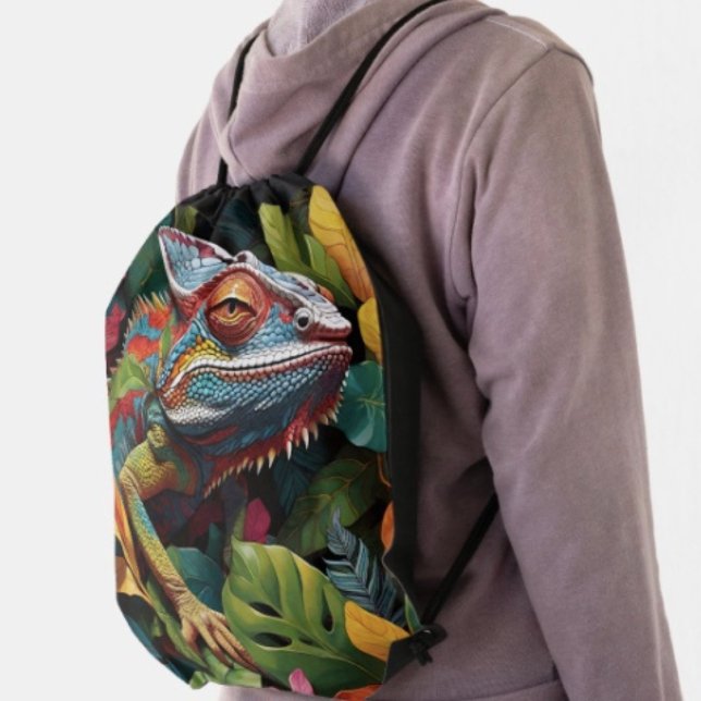 Lizard Leaves & Colour Drawstring Bag (Colourful Lizard Tropical Art drawstring bag 100% polyester reinforced black trim and grommets. 
)