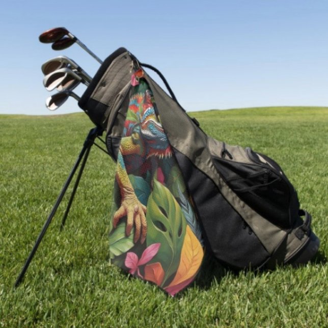 Lizard Leaves & Colour  Golf Towel (Colourful Lizard Tropical Jungle Art Golf Towel – Golfer Gift Custom Sports Gear
)