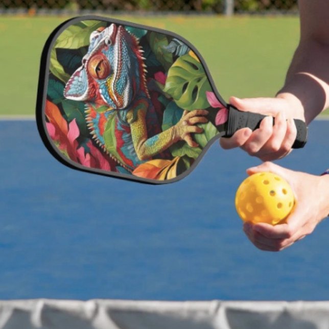 Lizard Leaves & Colour  Pickleball Paddle (Colourful Lizard Tropical Jungle Art pickleball paddle hand wrapped grip honeycomb core. 8 oz weight)