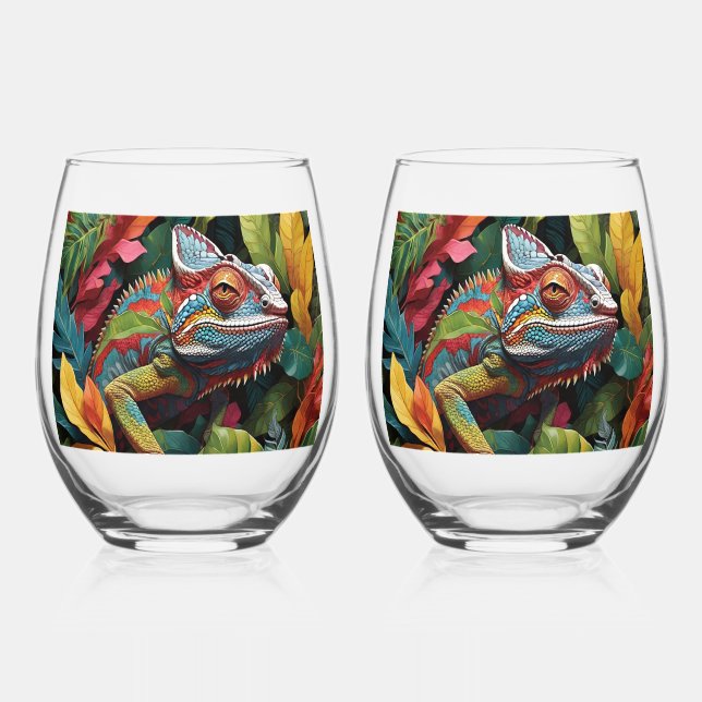 Lizard Leaves & Colour    Stemless Wine Glass (Front)