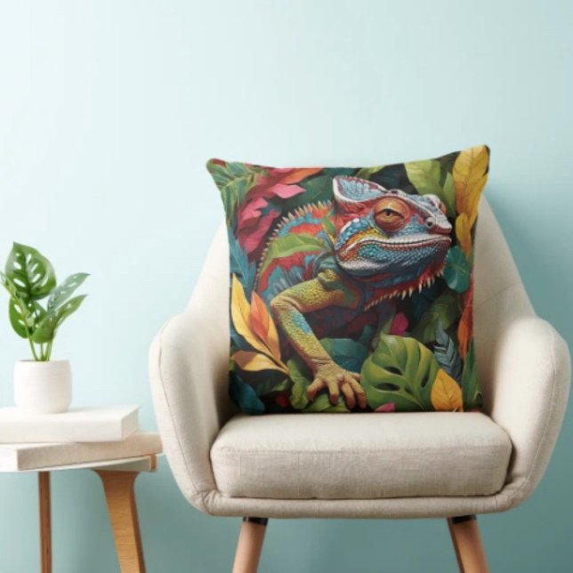 Lizard Leaves & Colour Throw Pillow (Colourful Lizard Tropical Jungle Art pillow high quality 100% polyester hidden zipper enclosure. )
