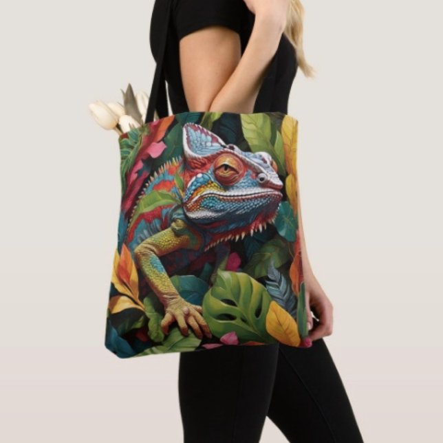 Lizard Leaves & Colour Tote Bag (Colourful Lizard Tropical Jungle Art Travel Tote Bag, laminated  for extra support. Made in USA. 
)