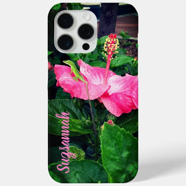 Lizard on Pink Tropical Hibiscus Flower Custom Case-Mate iPhone Case (Back)
