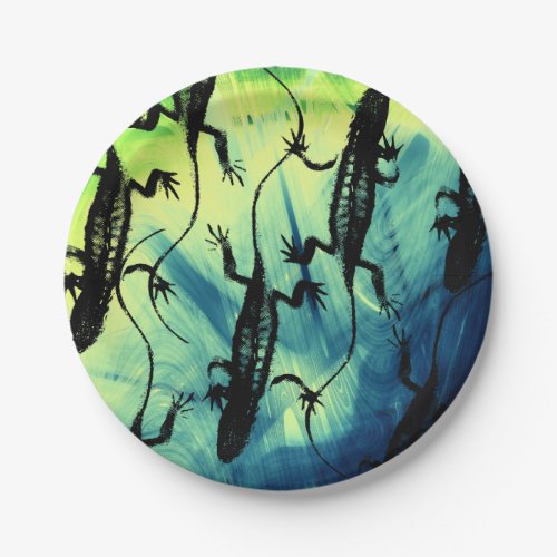 Lizards Black Blue Green Reptile Background Paper Plates