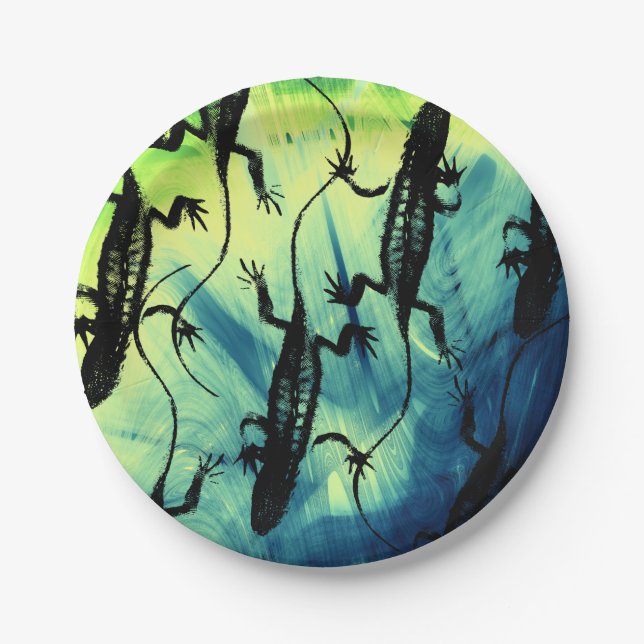 Lizards Black Blue Green Reptile Background Paper Plates (Front)