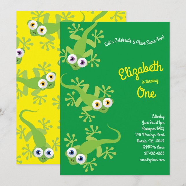 Lizards Geckos Cute Kids 1st Birthday Party Invitation (Front/Back)