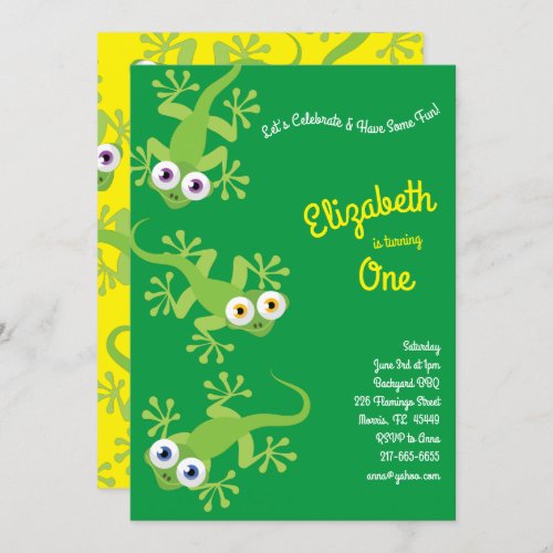 Lizards Geckos Cute Kids 1st Birthday Party Invitation