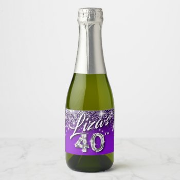 Liza's 40th Birthday Silver Glitter Purple Sparkling Wine Label by glamprettyweddings at Zazzle