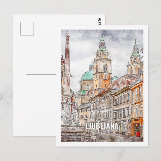 Ljubljana Slovenia Famous Travel Watercolor Sketch Postcard (Front/Back)