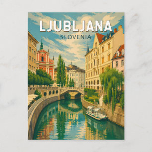Ljubljana Slovenia Illustration Travel Art Vintage Postcard