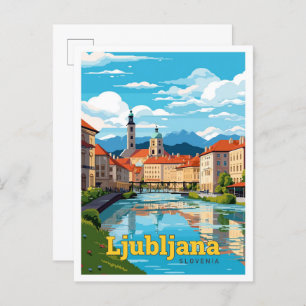 Ljubljana Slovenia Travel Art Vintage Illustration Postcard