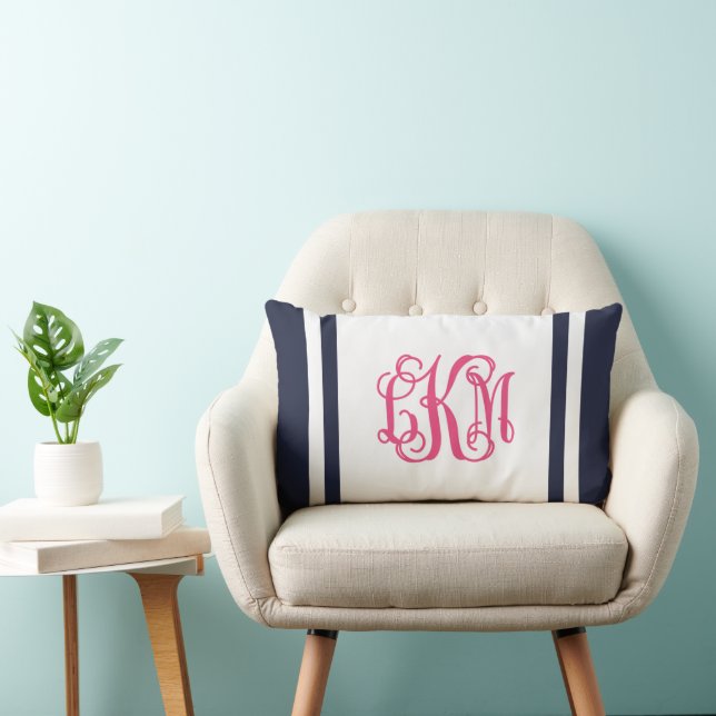 LKM Navy and Pink Preppy Stripe Script Monogram Lumbar Pillow (Chair)