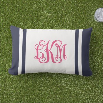 Lkm Navy And Pink Preppy Stripe Script Monogram Lumbar Pillow by jenniferstuartdesign at Zazzle