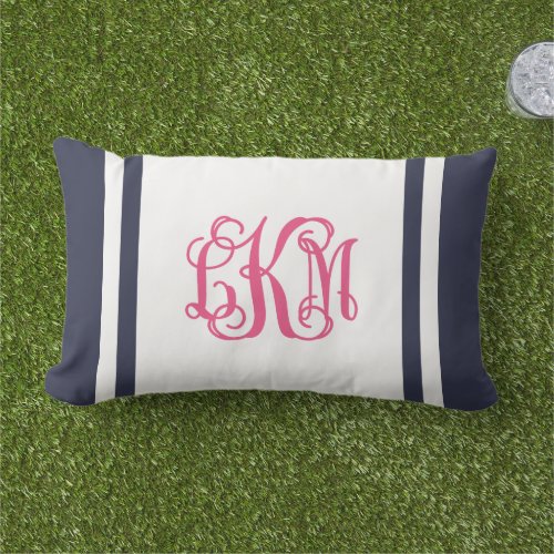 LKM Navy and Pink Preppy Stripe Script Monogram Lumbar Pillow