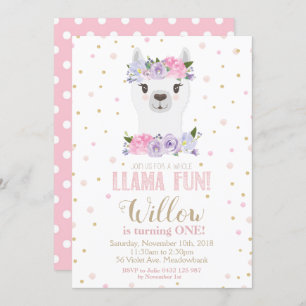Llama 1st First Birthday Pink Purple Floral Girl Invitation