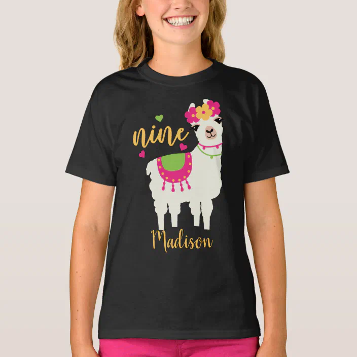 Personalized No Probllama Cute Girl Shirt Llama Birthday Girl Shirt Llama Shirt For Girls & Women 9th Birthday Llama Birthday Shirt