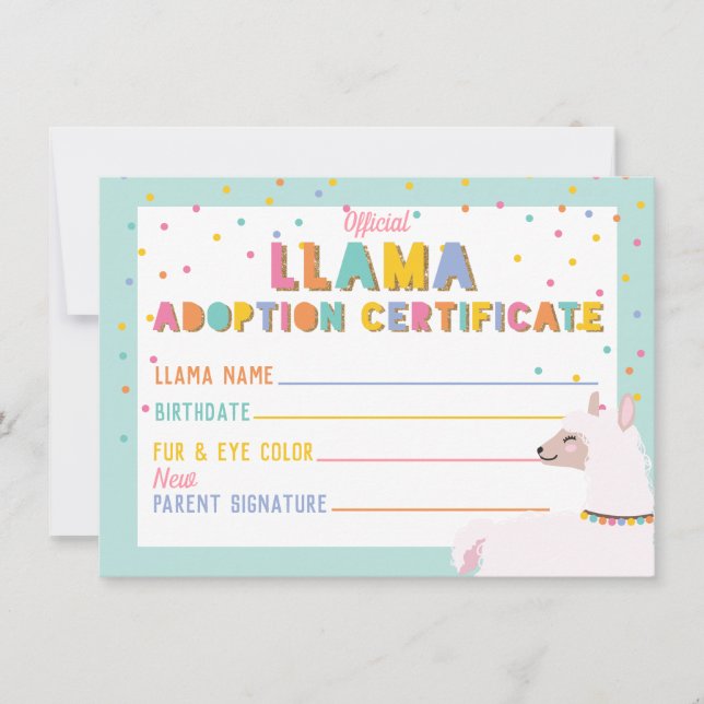 Llama Adoption Certificate Sign Invitation (Front)