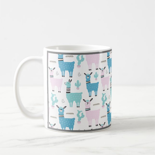 Llama Alapaca Animal Blue Pink Animals Grey Trim Coffee Mug (Left)