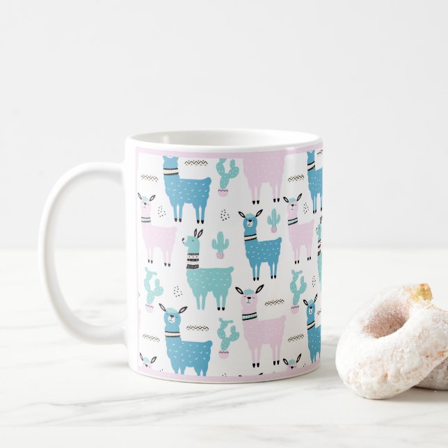 Llama Alapaca Animal Blue Pink Animals Pink Trim Coffee Mug (With Donut)