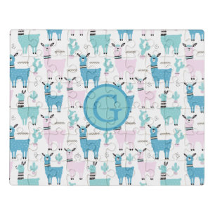 Llama Alapaca Animal Monogram Blue Pink Animals Jigsaw Puzzle