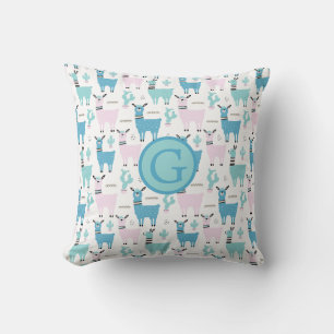 Llama Alapaca Animal Monogram Blue Pink Animals Throw Pillow